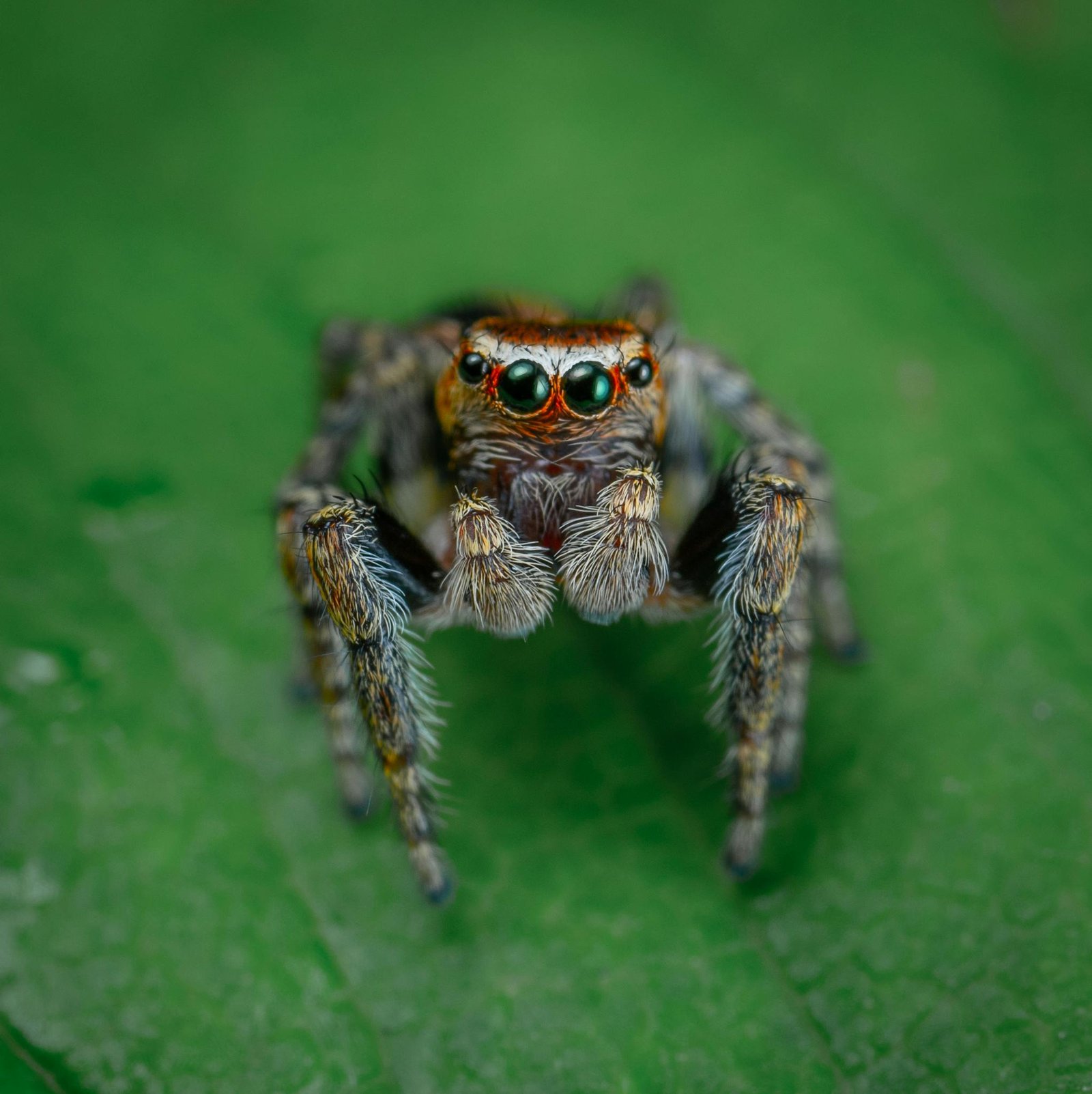 Jumping spider on green leaf